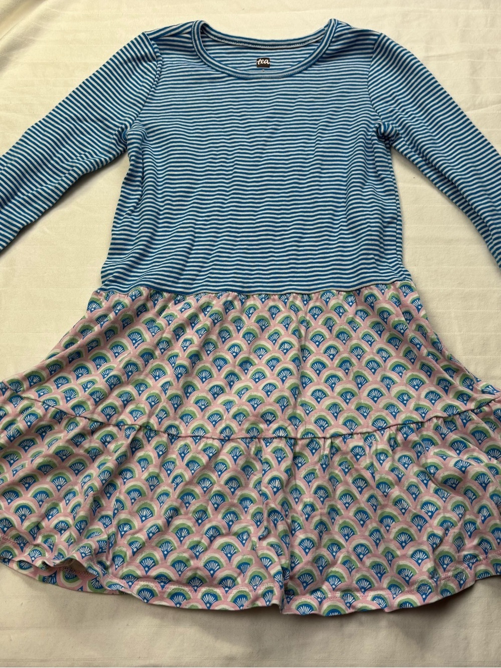 Tea Collection 5 Blue Striped Long-Sleeve Dress with Pink & Patterned Skirt